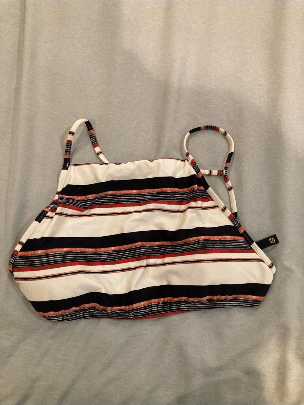 Striped High-Neck Bikini Top in White and Black with Rust Accents